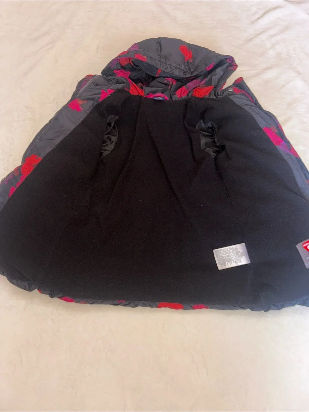 GAP Black Hooded Puffer Jacket with Pink & Purple Floral Print